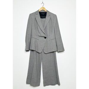 Lafayette 148 Gray/Black Herringbone Wool Wide Leg Pant Suit Blazer 8 Pant 10